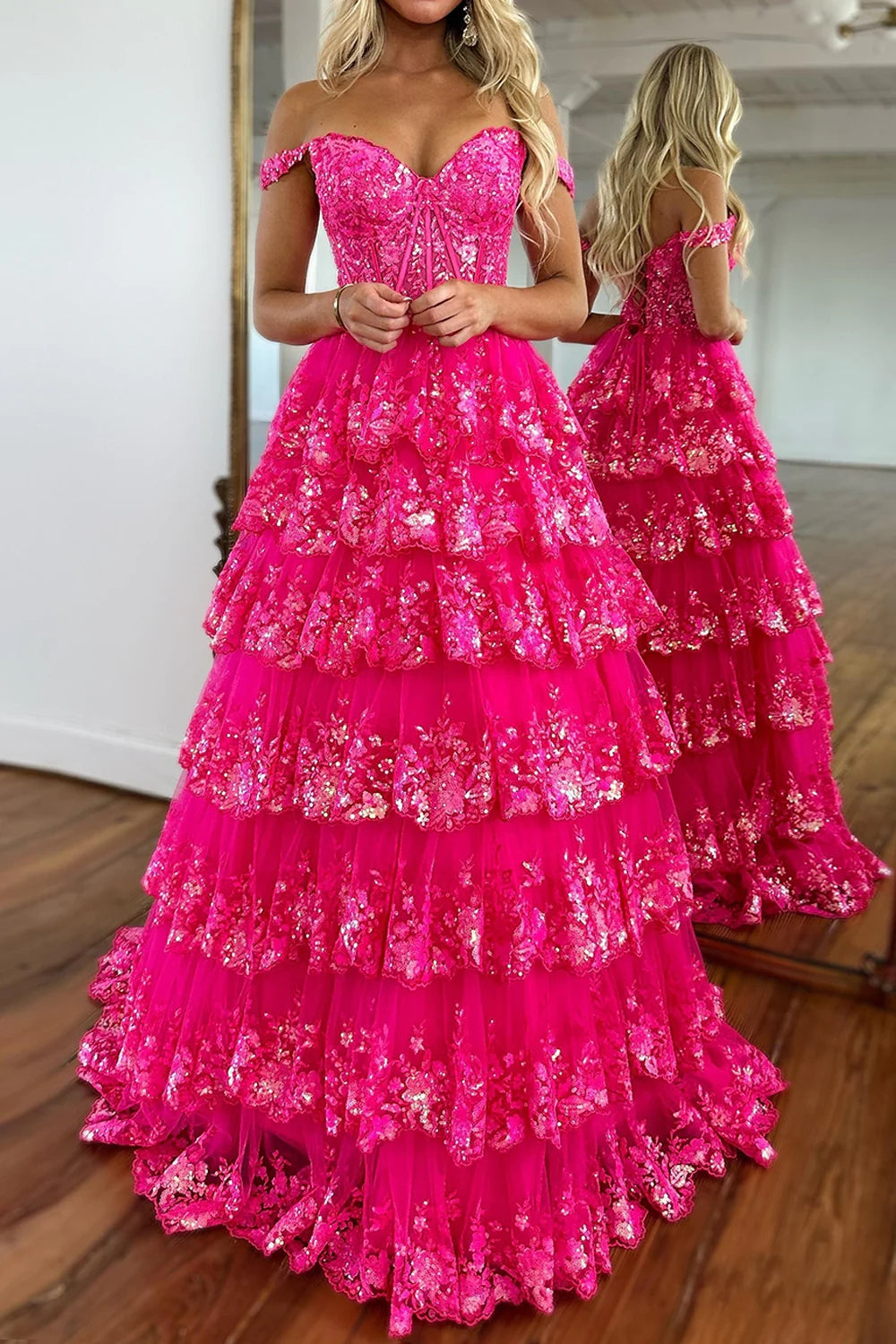 Princess Ball Gown Hot Pink Off the Shoulder Long Prom Dress VK23122009