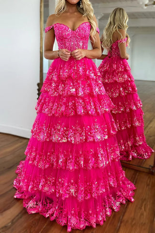 Glitter Hot Pink Corset Off the Shoulder Lace Long Prom Dress VK23122009