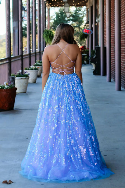 Cute A Line Straps Light Blue Sequins Prom Dresses VK1308