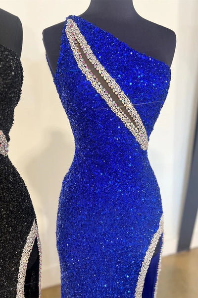 One-Shoulder Sequin Rhinestone Keyhole Long Dress with Slit VK23120802