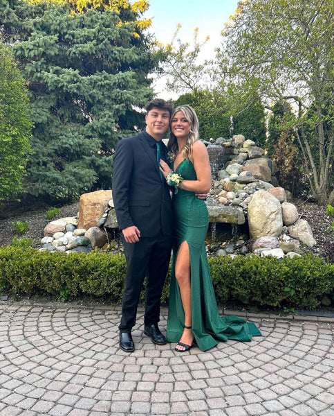 Charming Mermaid V Neck Dark Green Elastic Satin Long Prom Dresses with Beading VK23051905