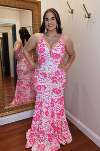 Pink V Neck Sequins Mermaid Long Prom Dresses VK24033102