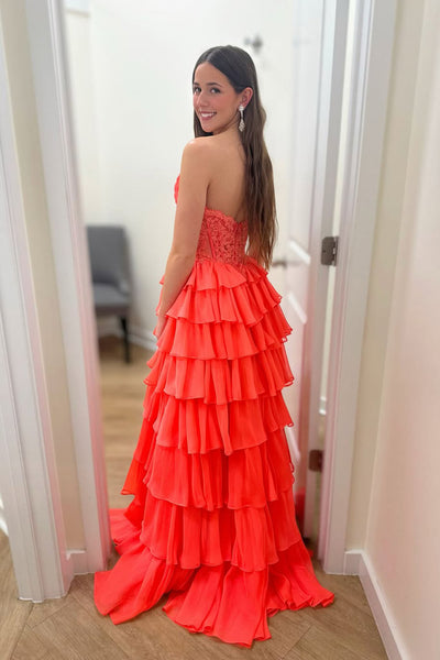 Cute A Line Strapless Orange Chiffon Tiered Long Prom Dress with Slit VK26031106
