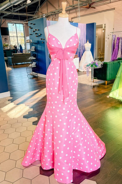 Cute Mermaid V Neck Pink White Dot Satin Long Prom Dress VK16020304