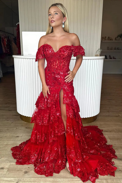 Red A-Line Off the Shoulder Sparkly Tulle Long Prom Dresses with Slit VK23091009