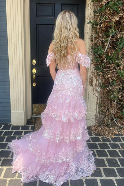Pink Off the Shoulder Tiered Sequin Tulle Mermaid Long Prom Dresses VK24010502