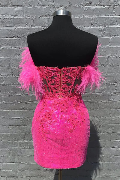 Sparkly Fuchsia Corset Sequins Tight Short Homecoming with Feathers VK23082606