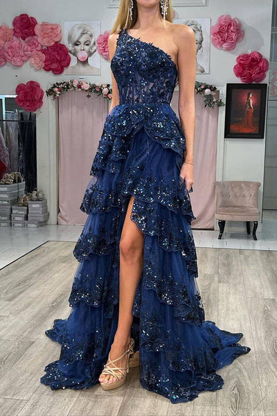 Sparkly A Line One Shoulder Navy Lace Corset Prom Dress with Ruffles VK23111404