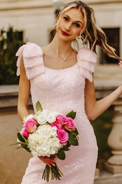 Sparkly Mermaid Sccop Neck with Bow Straps Pink Sequins Prom Dresses VK26011403