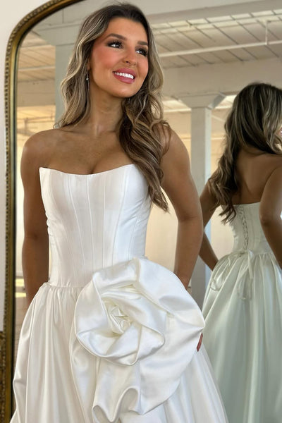 A-Line Strapless Red Satin Prom Dresses with Handmade Flower VK26012707