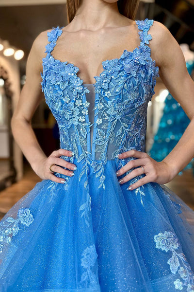 Cute V Neck Blue Sparkly Ruffled Tulle Prom Dress with Lace