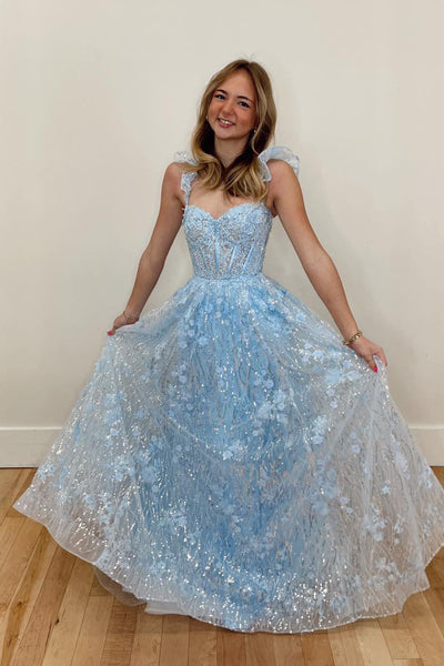 A-Line Sweetheart Light Blue Sequin Appliques Long Prom Dresses VK021207