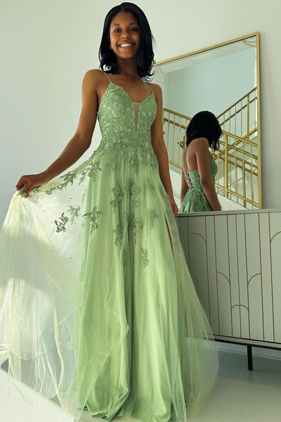 A-Line V Neck Sage Green Tulle Long Prom Dresses with Appliques VK24011005