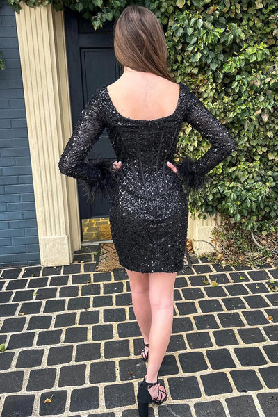 Sparkly Black Corset Long Sleeves Tight Short Hoco Dress with Feathers VK23062404