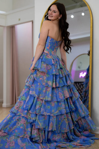 Cute A Line Strapless Blue Floral Satin Prom Dress with Beading