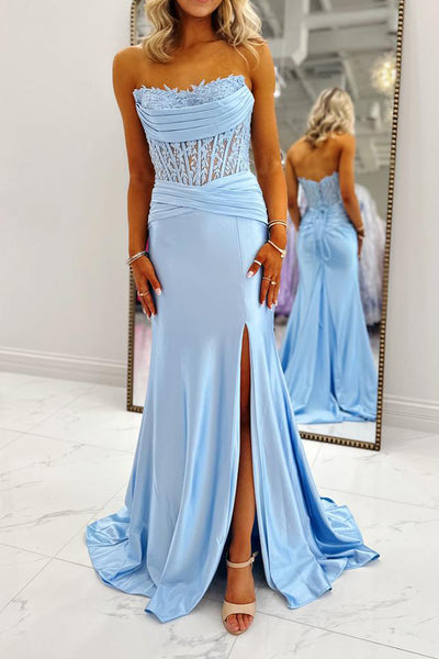 Mermaid Strapless Corset Blue Satin Pleats Long Prom Dresses with Slit VK26020906