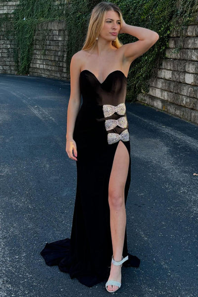 Charming Mermaid Strapless Black Slit Prom Dresses with Beading Bow VK2312809