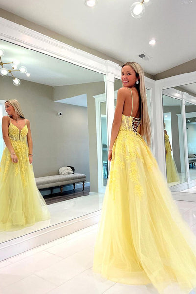 A-Line Spaghetti Straps Yellow Tulle Long Prom Dresses with Appliques VK23091505