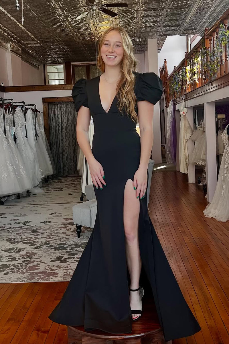 Elegant Mermaid V Neck Black Elastic Saitn Prom Dress with Ruffled Sleeves VK25010410