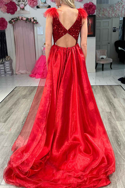 V-Neck Red Sequin Feathers Long Prom Dress with Cape VK23121805