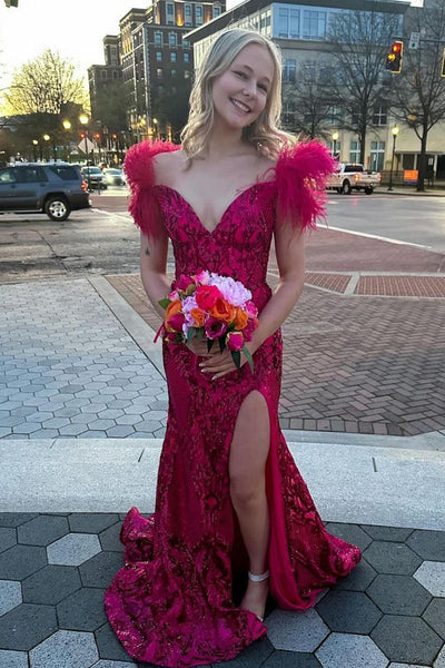 Fuchsia Off the Shoulder Sequins Mermaid Long Prom Dresses with Feather VK24032805