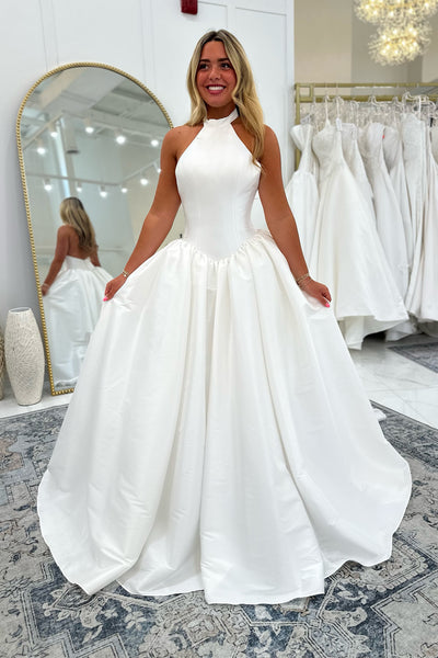 Elegant A-Line Halter White Satin Wedding Dresses VK26082107