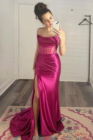 Magenta Strapless Sheer Bodice Mermaid Long Formal Dress VK23112103