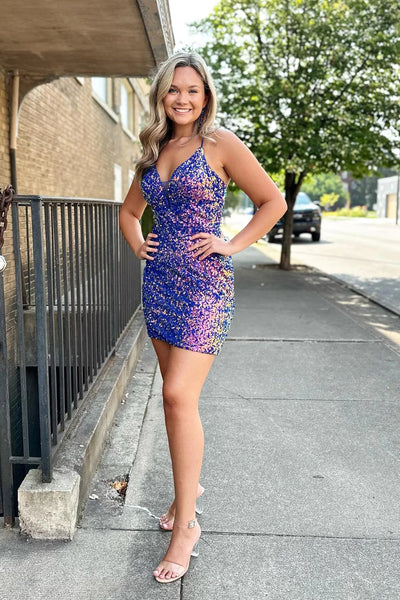 Sparkly Blue Detachable Train Sequins Tight Short Homecoming Dress VK23082105