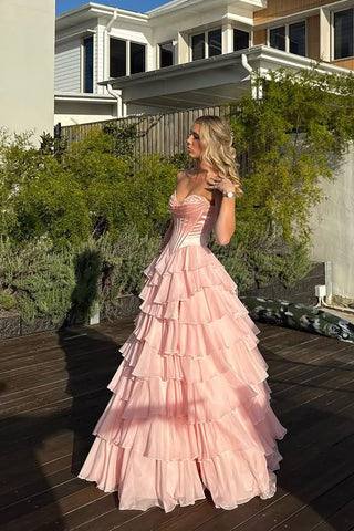 Cute A Line Sweetheart Blush Pink Tiered Chiffon Prom Dresses with Slit VK25051702