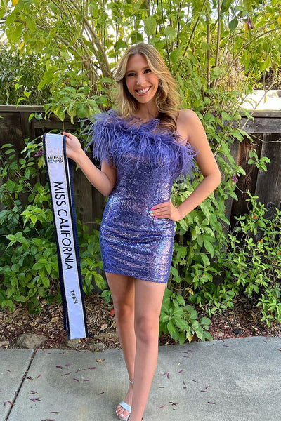 Unqiue Bodycon One Shoulder Dusty Blue Sequins Short Homecoming Dresses with Feathers VK23071904