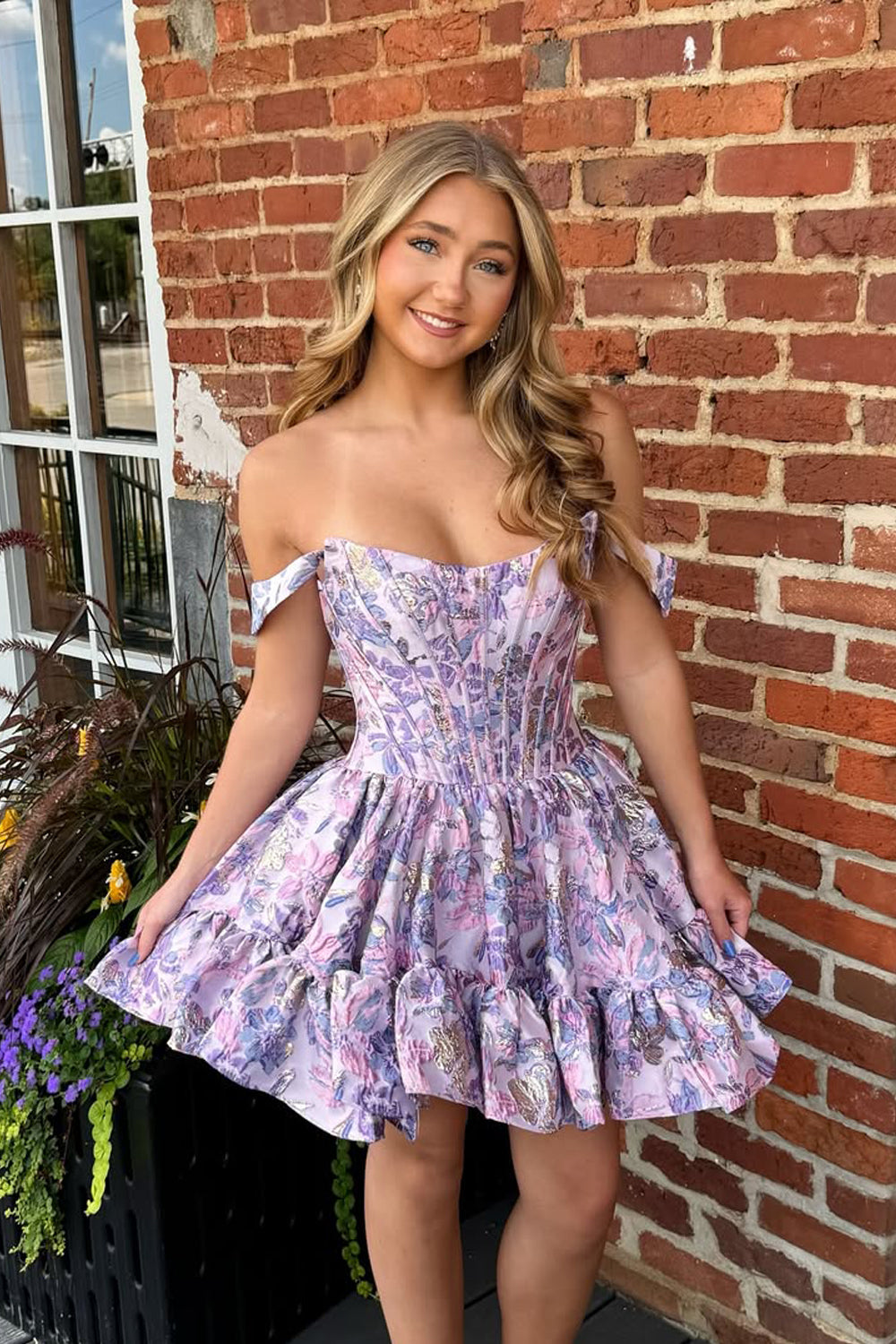 Cute A Line Off the Shoulder Lavender Jacquard Satin Short Homecoming Dress VK25081201