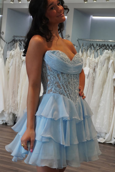 Cute A-Line Sweetheart Blue Ruffle Tiered Chiffon Short Homecoming Dresses with Appliques VK25092308