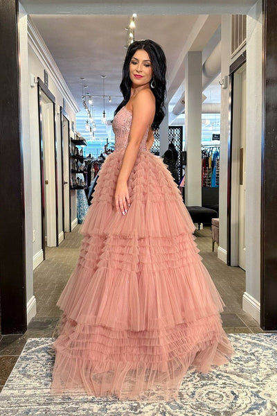 Ball Gown Sweetheart Blush Pink Tiered Tulle Long Prom Dresses VK23101502