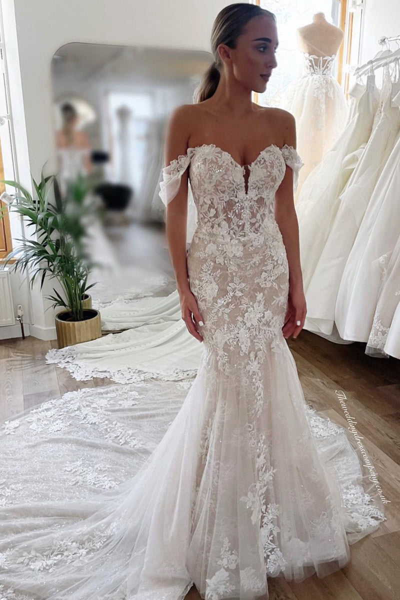 Charming Mermaid Off the Shoulder Tulle Lace Wedding Dresses VK23090202