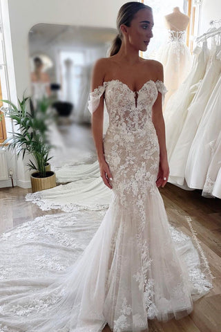 Charming Mermaid Off the Shoulder Tulle Lace Wedding Dresses VK23090202