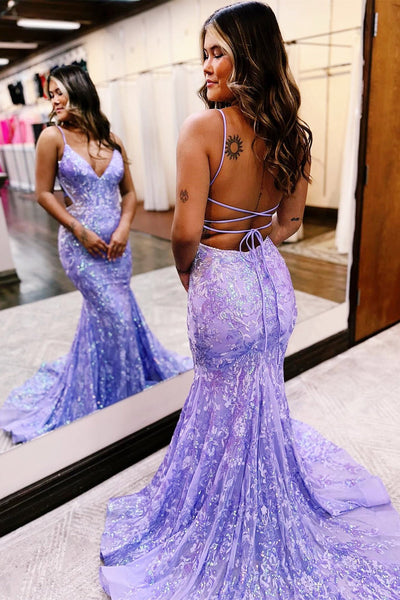 Mermaid Blue Sequin Lace V-Neck Long Prom Dress VK23112111