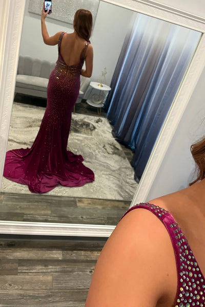 Mermaid Deep V Neck Backless Burgundy Satin Long Prom Dresses with Beads VK26010505