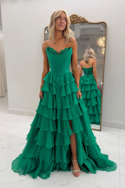 Gorgeous A Line Sweetheart Green Chiffon Tiered Prom Dress with Slit VK25121807