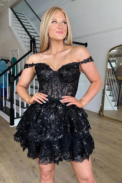 Sparkly Grey A-Line Tiered Lace Short Homecoming Dress VK23083110