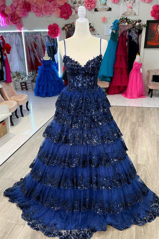 Royal Blue Floral Multi-Layers Sequined Straps Long Prom Dress VK23102904