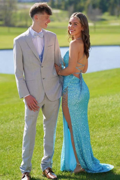 Sparkly Mermaid Spaghetti Straps Blue Sequins Long Prom Dresses with High Slit VK26011808