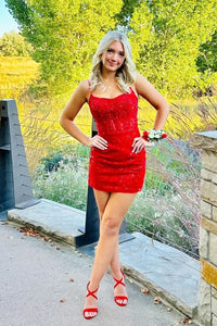 Cute Bodycon Scoop Neck Red Sequins Lace Short Homecoming Dresses VK240902807