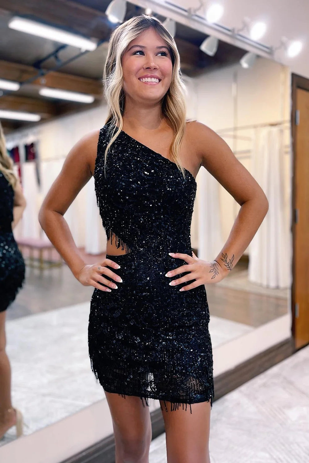 Sparkly Black Sequins Beaded One Shoulder Tight Homecoming Dress VK23062301