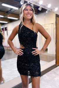 Sparkly Black Sequins Beaded One Shoulder Tight Homecoming Dress VK23062301