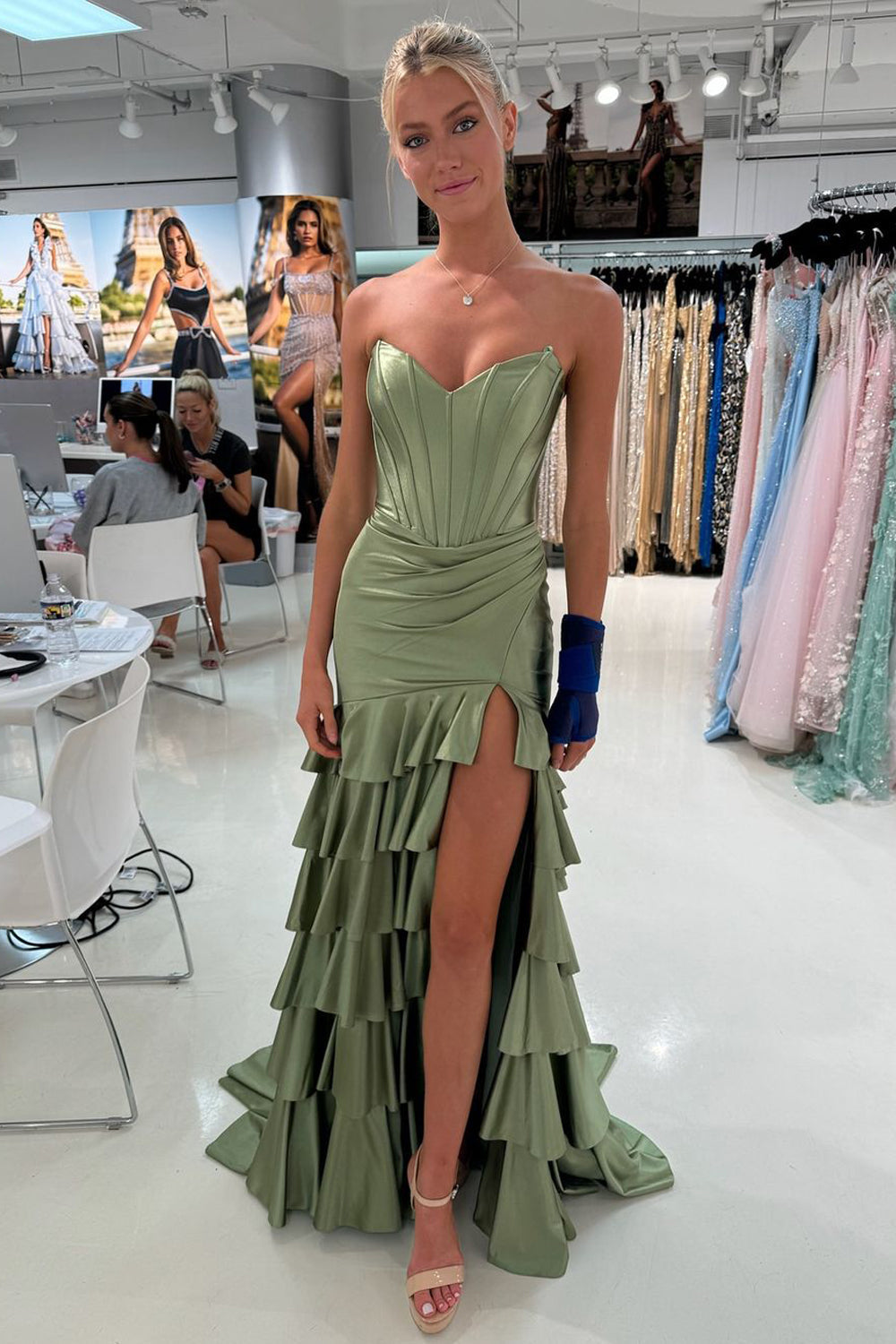 Fashion Mermaid Strapless Sage Green Satin Tiered Long Prom Dress with Slit VK121411