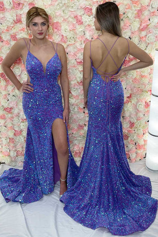 Purple Iridescent Sequin Lace-Up Back Mermaid Long Prom Dress VK23121202
