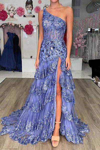 Sparkly A Line One Shoulder Navy Lace Corset Prom Dress with Ruffles VK23111404