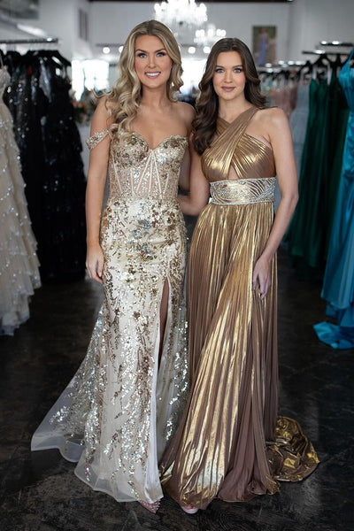 Gold Off the Shoulder Sequins Lace Mermaid Prom Dresses with Slit VK24031303