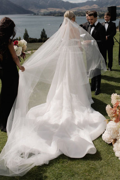 A-Line Off the Shoulder White Sequin Wedding Dresses VK23101508
