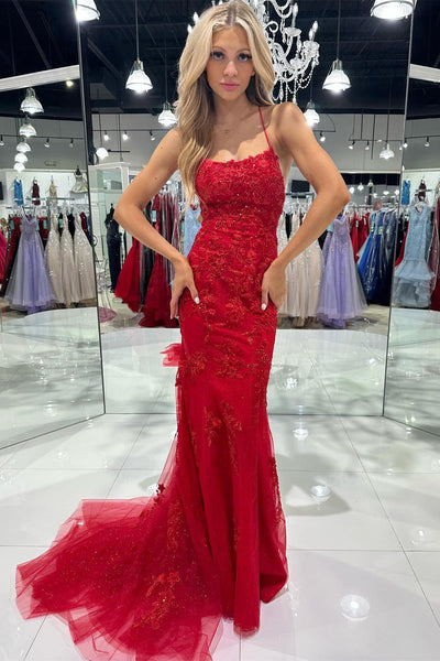 Red Tulle Appliques Scoop Neck Lace-Up Mermaid Long Dress VK23110906